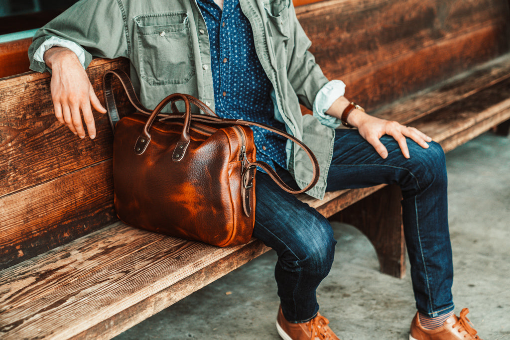 Handmade Leather Travel Duffle, Shrunken Grain Leather