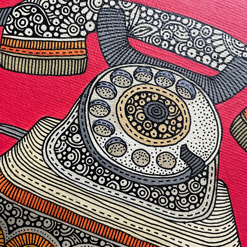 El Telefono- Original Pen and Ink Artwork - 6x6 canvas