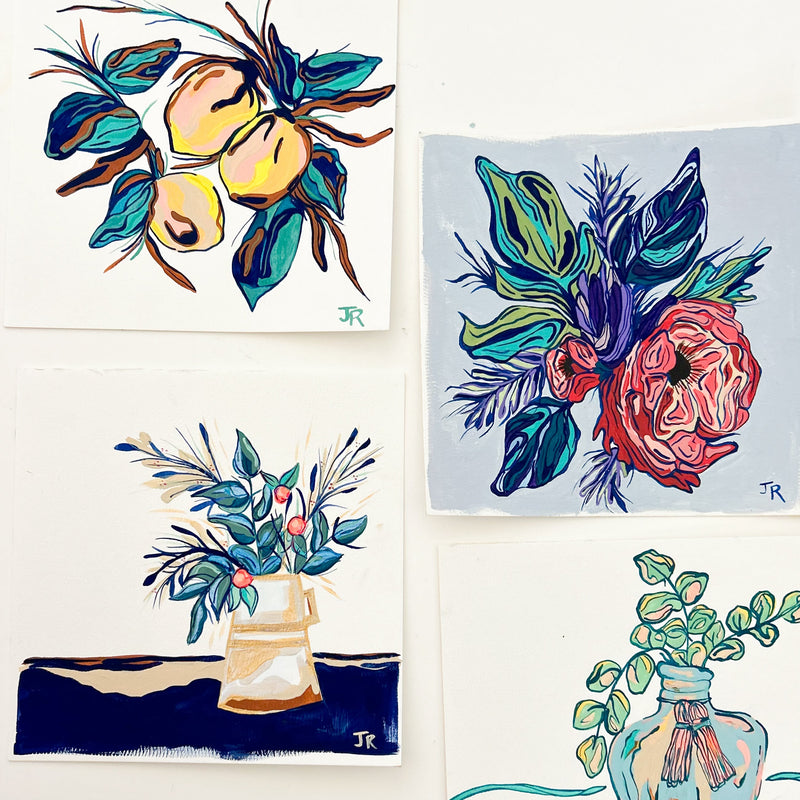 Florals On Blue in Gouache