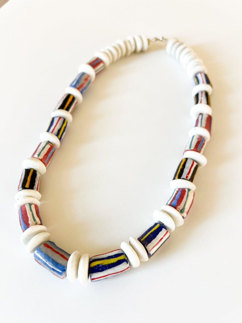 Striped Krobo Glass with White Discs Necklace