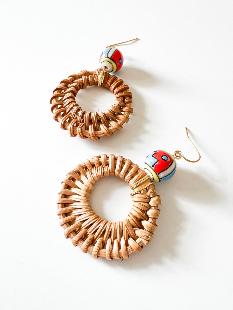 Coral and Sky Blue Glass and Rattan Drop Earrings