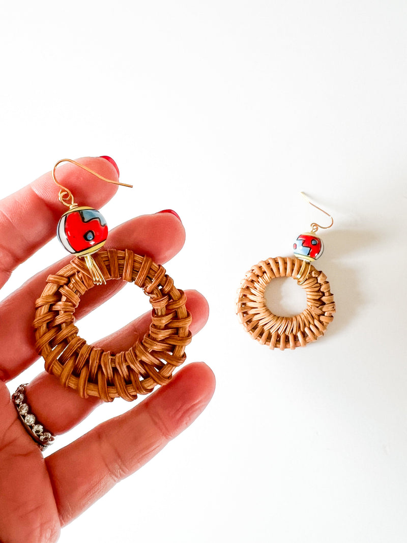 Coral and Sky Blue Glass and Rattan Drop Earrings