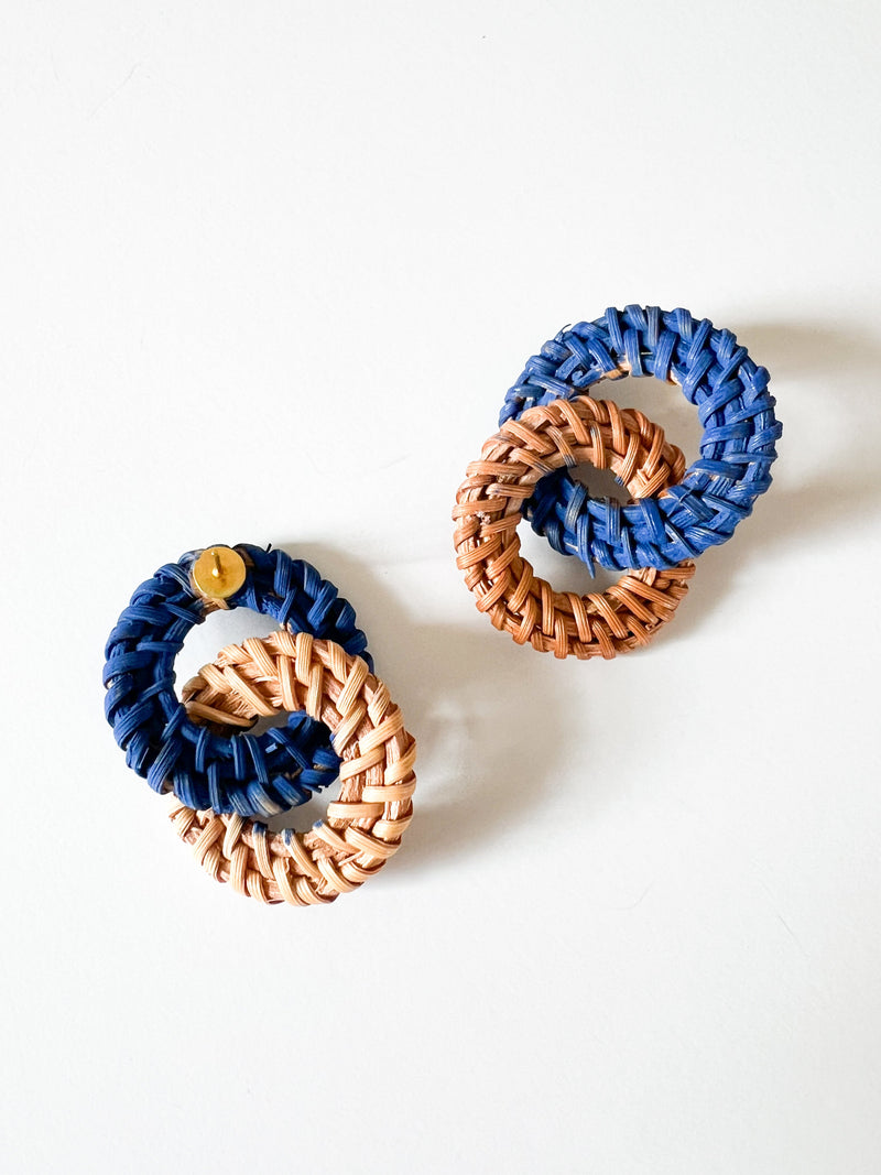 Royal Blue Hand Painted Rattan Circle Earrings