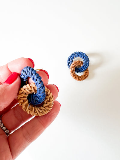 Royal Blue Hand Painted Rattan Circle Earrings