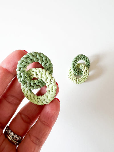 Mix of Greens Hand Painted Rattan Circle Earrings