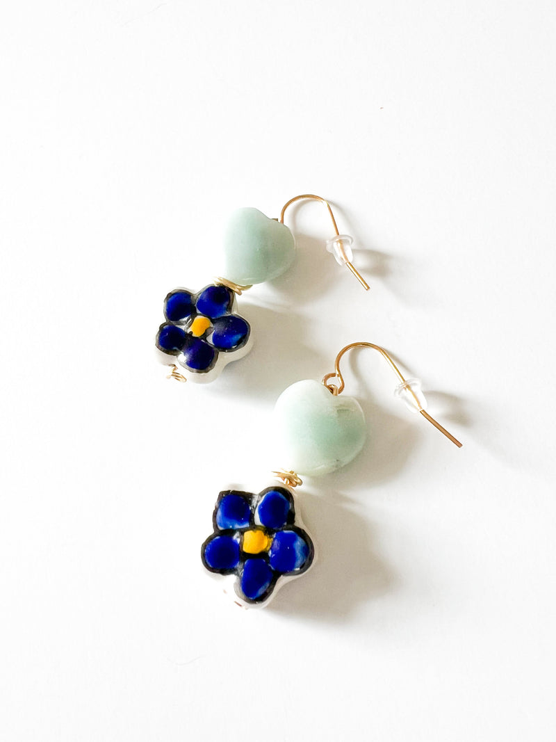 Gemstone Heart and Blue Ceramic Floral Drop Earrings
