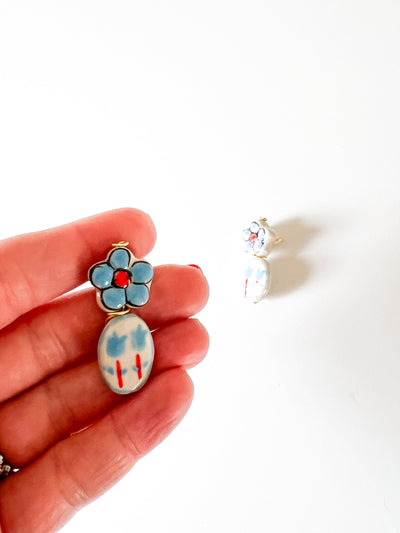 Sky Blue and Coral Floral Stud Earrings