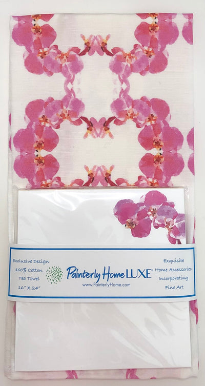 Tea Towel Set with Matching Note Block Pink Orchids