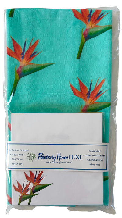 Tea Towel Set with Matching Note Block Bird of Paradise on Aqua