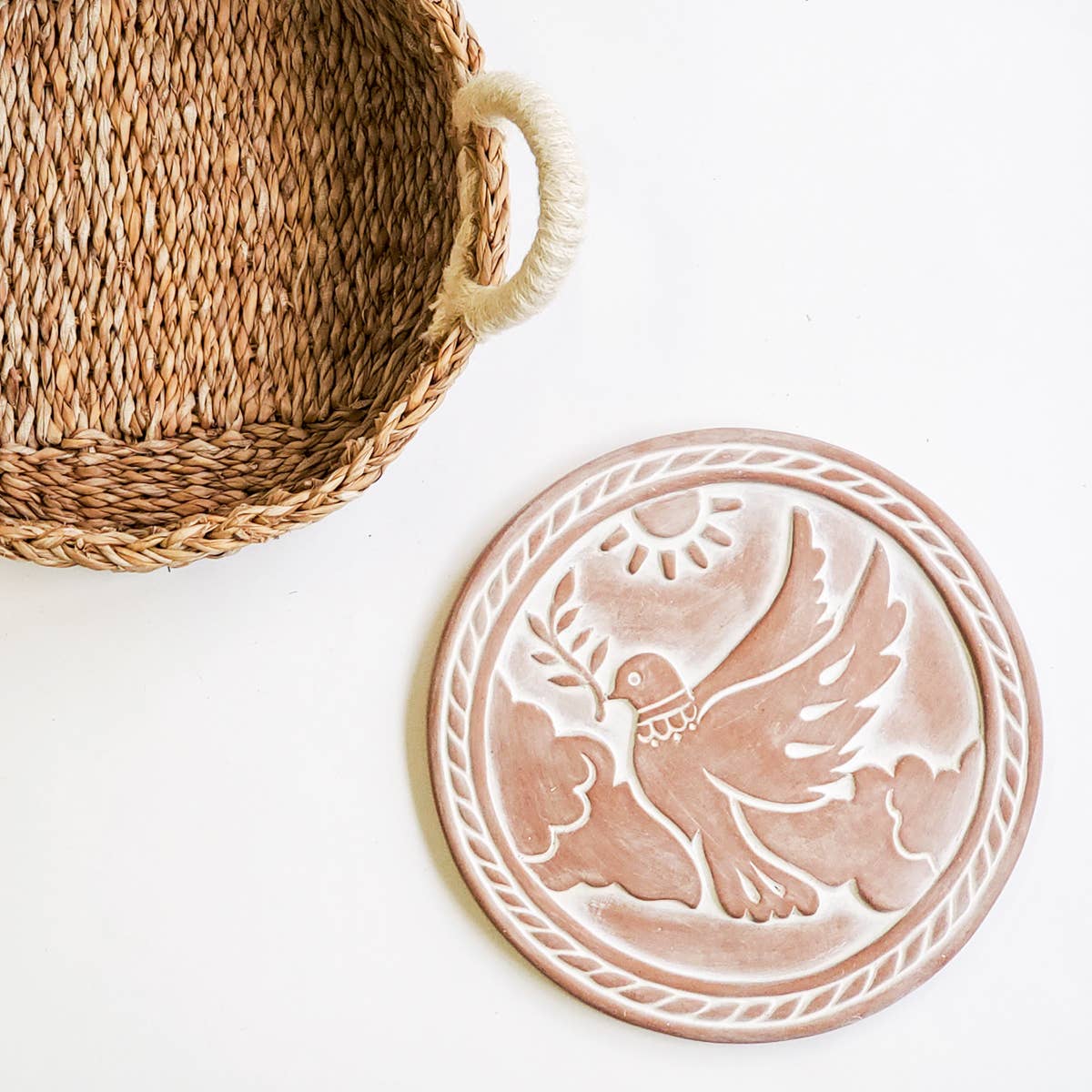 Dove Theme Handwoven Palm Basket with Ceramic Bread Warmer