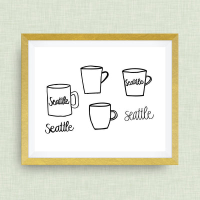 Seattle Coffee Art Print, Hand Lettered