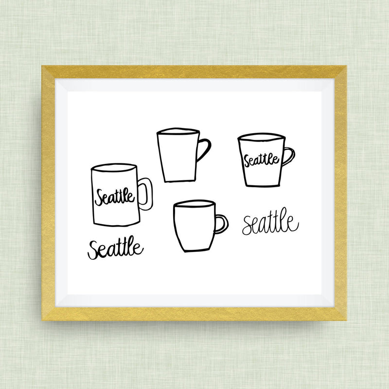 Seattle Coffee Art Print, Hand Lettered