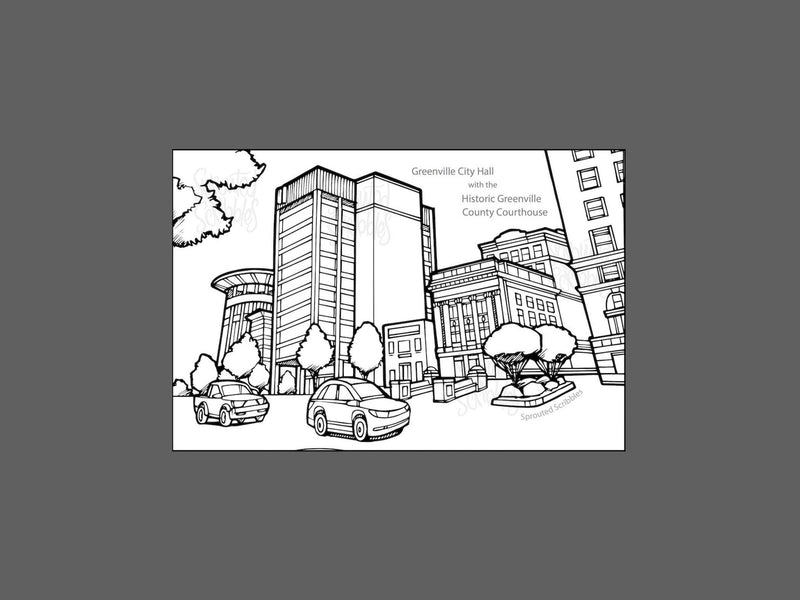 Greenville Coloring Book - 9″ x 6″ (22.9cm x 15.2cm) SC South Carolina City Downtown - 14 Illustrations