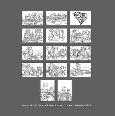 Greenville Coloring Book - 9″ x 6″ (22.9cm x 15.2cm) SC South Carolina City Downtown - 14 Illustrations