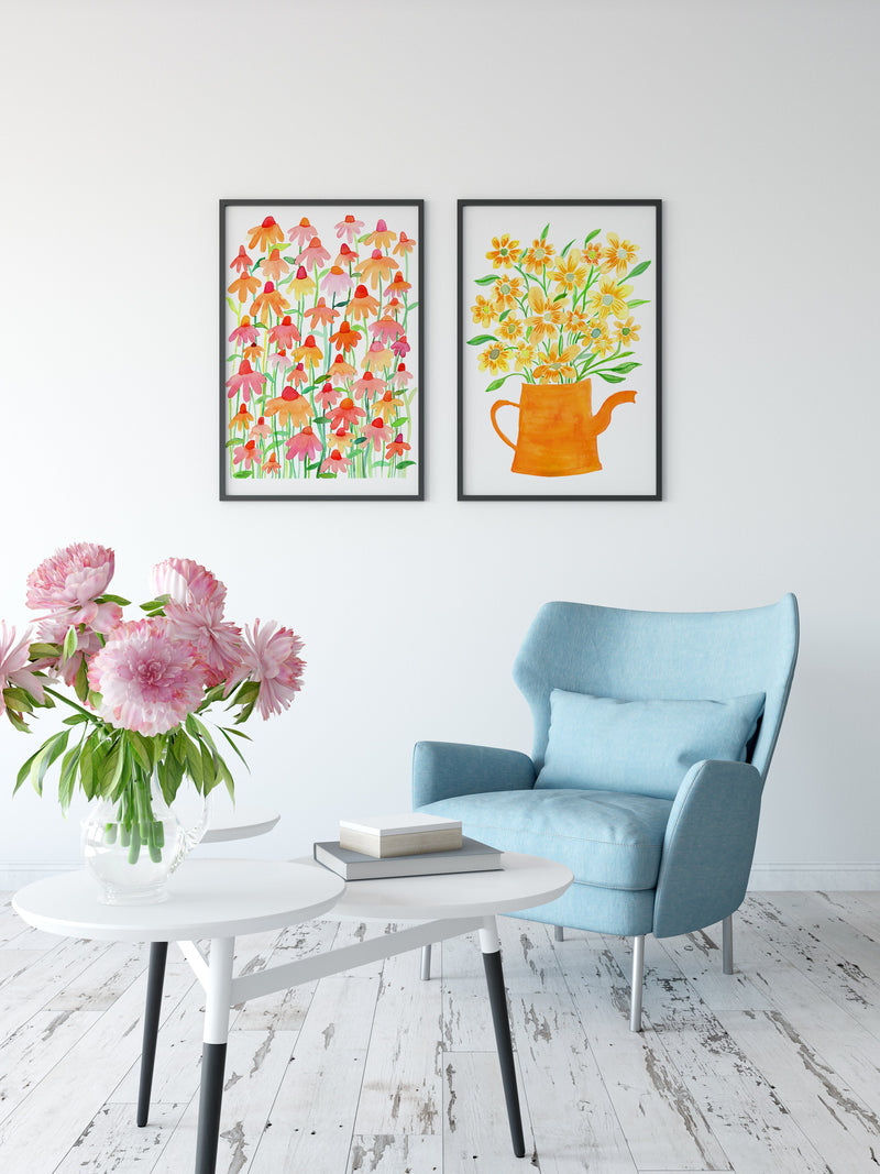 Floral Art Print - Pink, Orange and Green Painting