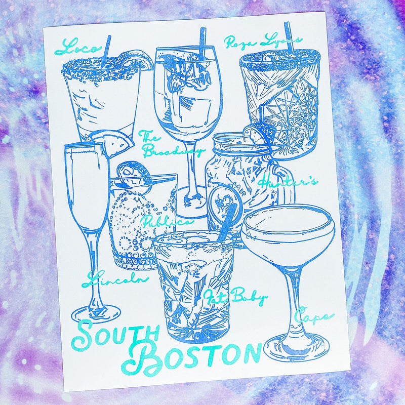 Southie Sips | Fine Art Risograph Print (multiple sizes) | Cornflower Blue & Mint