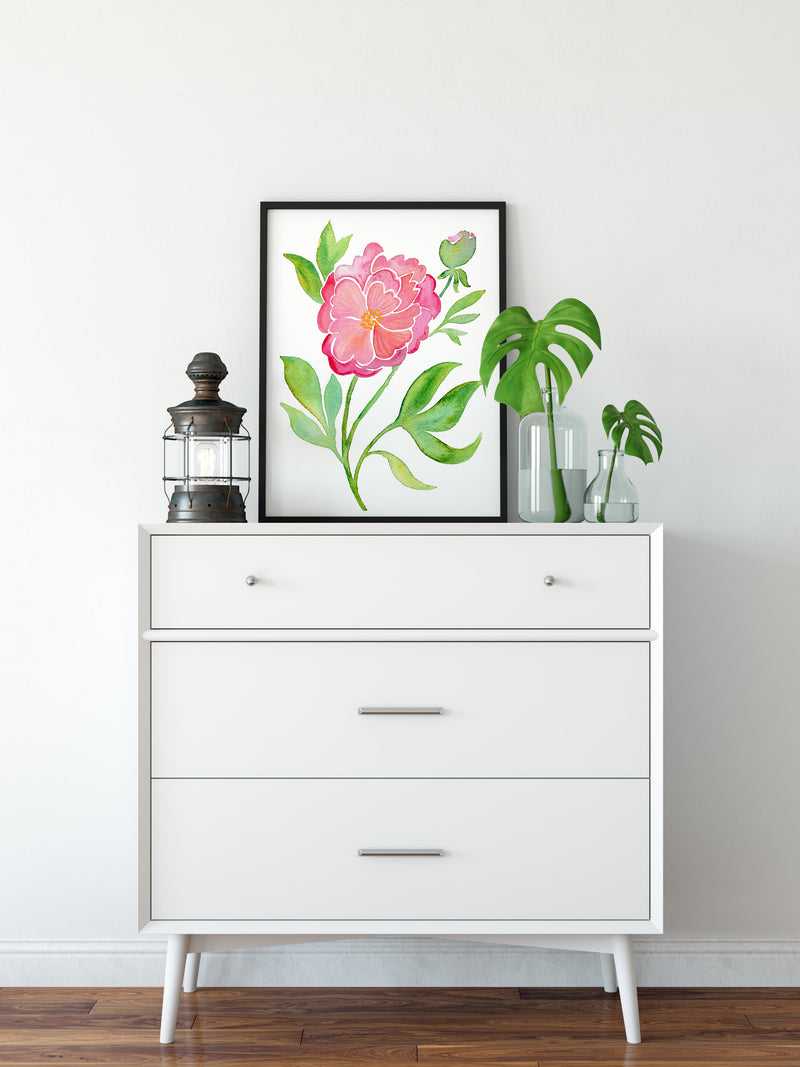Peony Painting, Pink Green and White White Floral Art