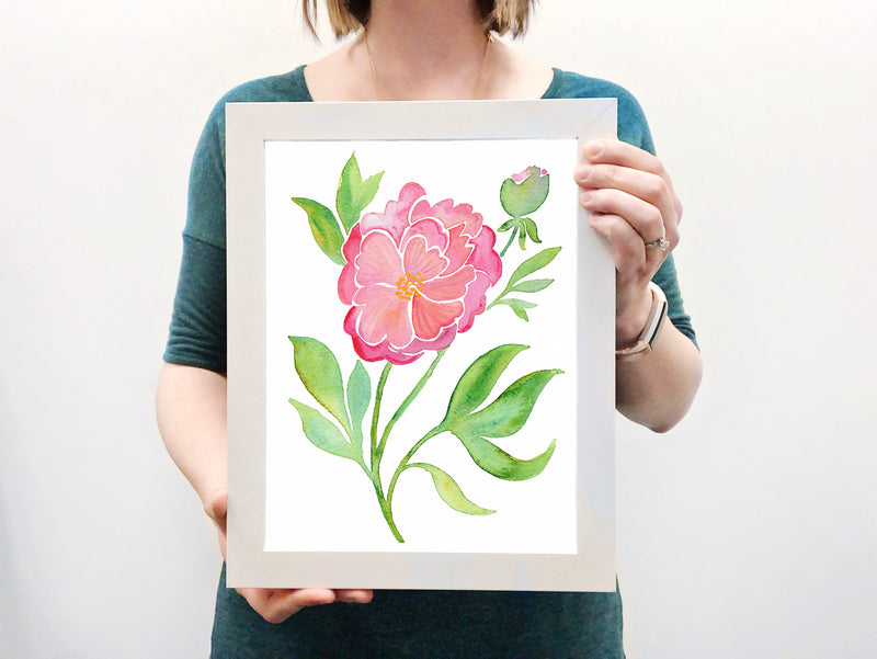Peony Painting, Pink Green and White White Floral Art