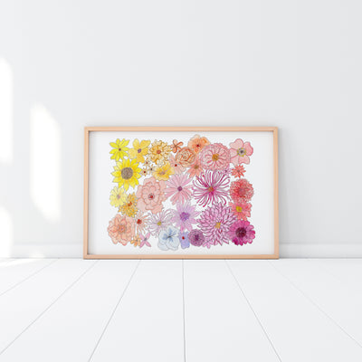 Rainbow Flower Art Print - Rose Dahlia Peony Sunflower Daisy Zinnia Painting