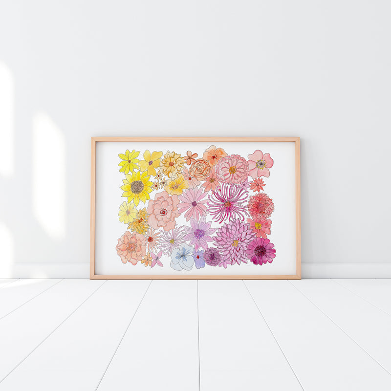 Rainbow Flower Art Print - Rose Dahlia Peony Sunflower Daisy Zinnia Painting