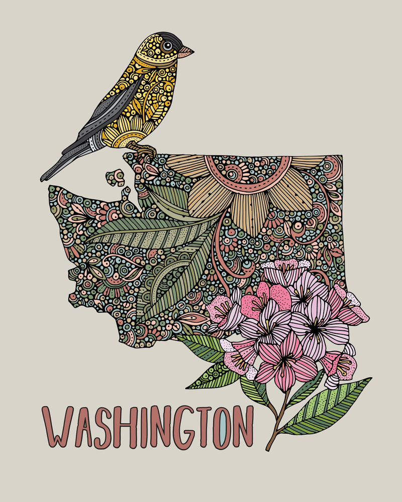 Washington State Map - State Bird American Goldfinch - State Flower Coast rhododendron