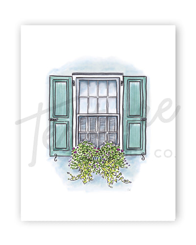 Flower Box Print of Blue House with Blue Shutters