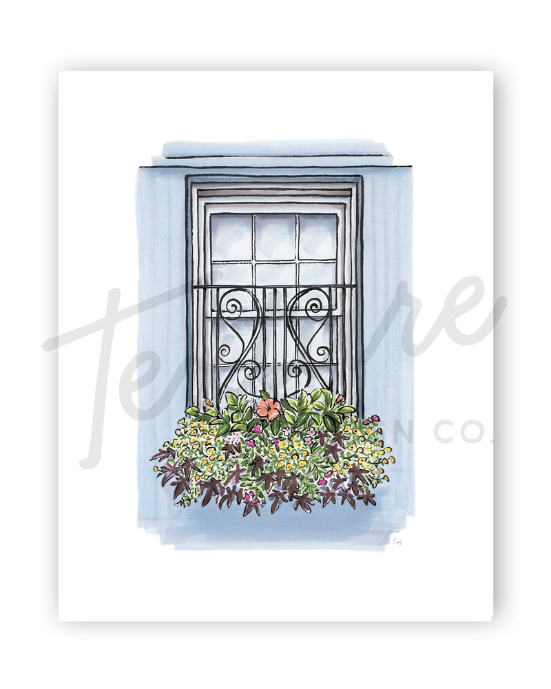 Flower Box Print of Blue House with Coastal Flowers