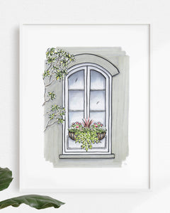 Flower Box Print of Grey House with Magnolia Tree