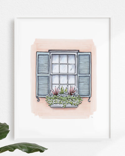 Flower Box Print of Pink House with Blue Shutters