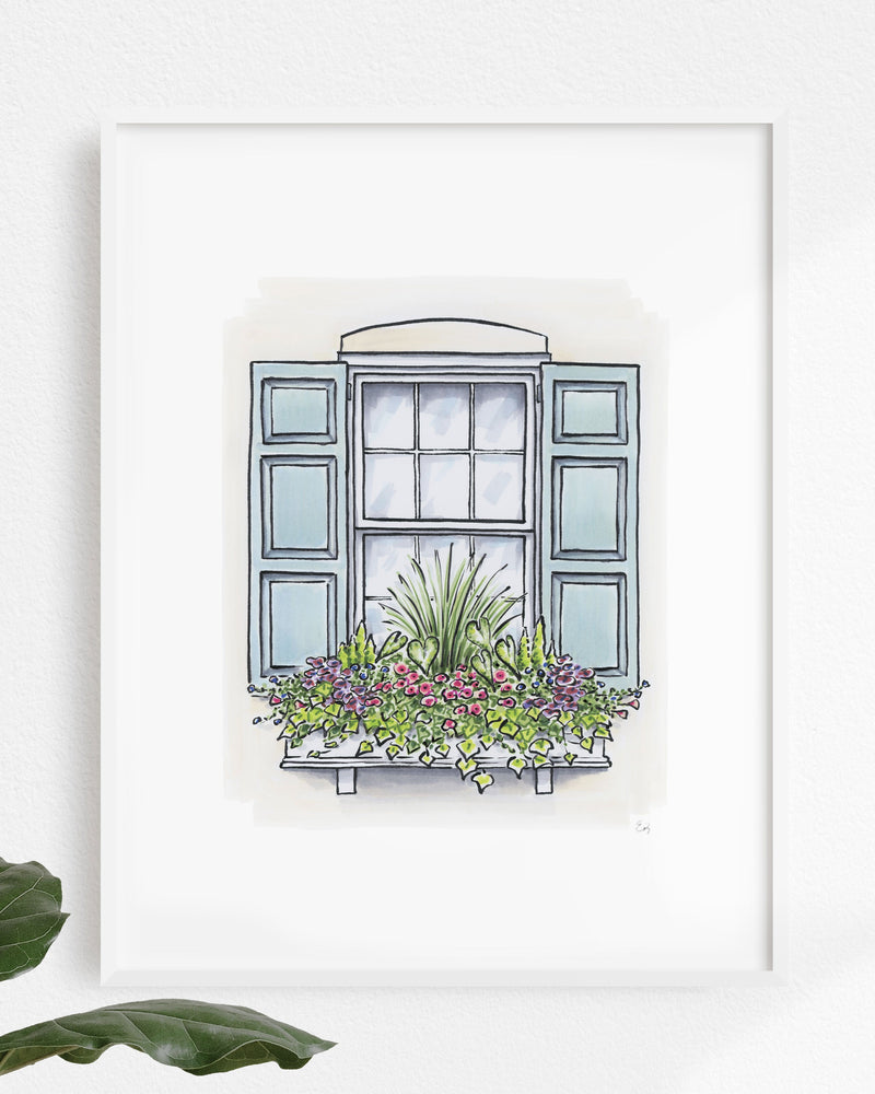 Flower Box Print of White House with White Flower Box