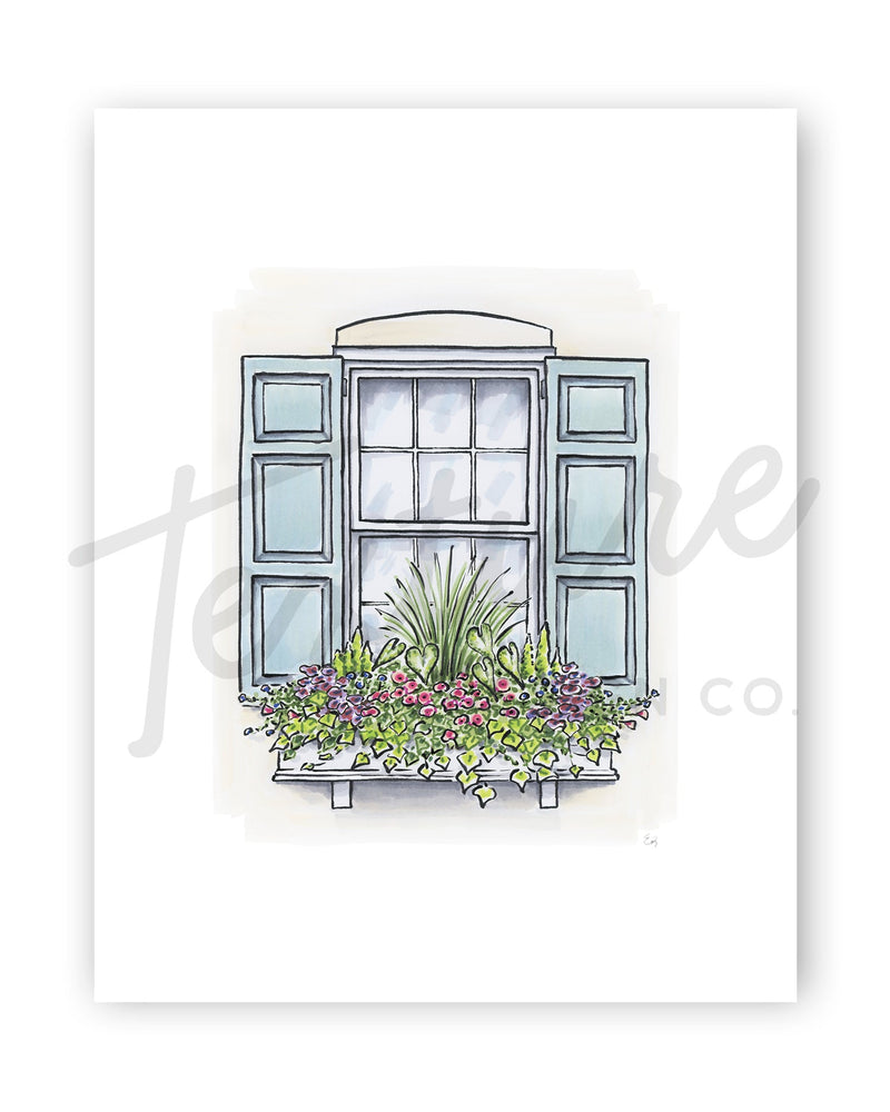 Flower Box Print of White House with White Flower Box