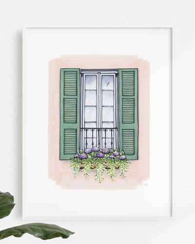 Flower Box Print of Pink House with Green Shutters