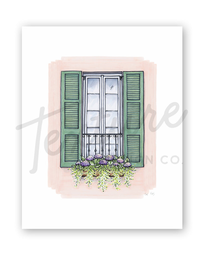 Flower Box Print of Pink House with Green Shutters