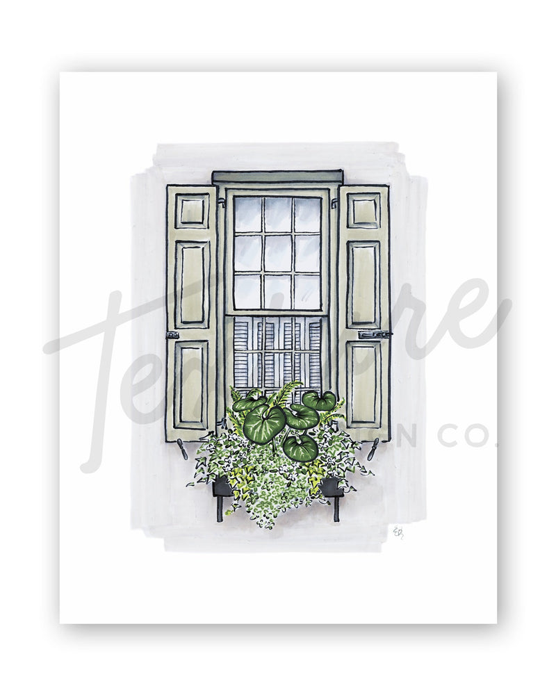 Flower Box Print of Grey House with Tractor Seat Plants