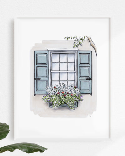 Flower Box Print of Grey House with Seafoam Shutters