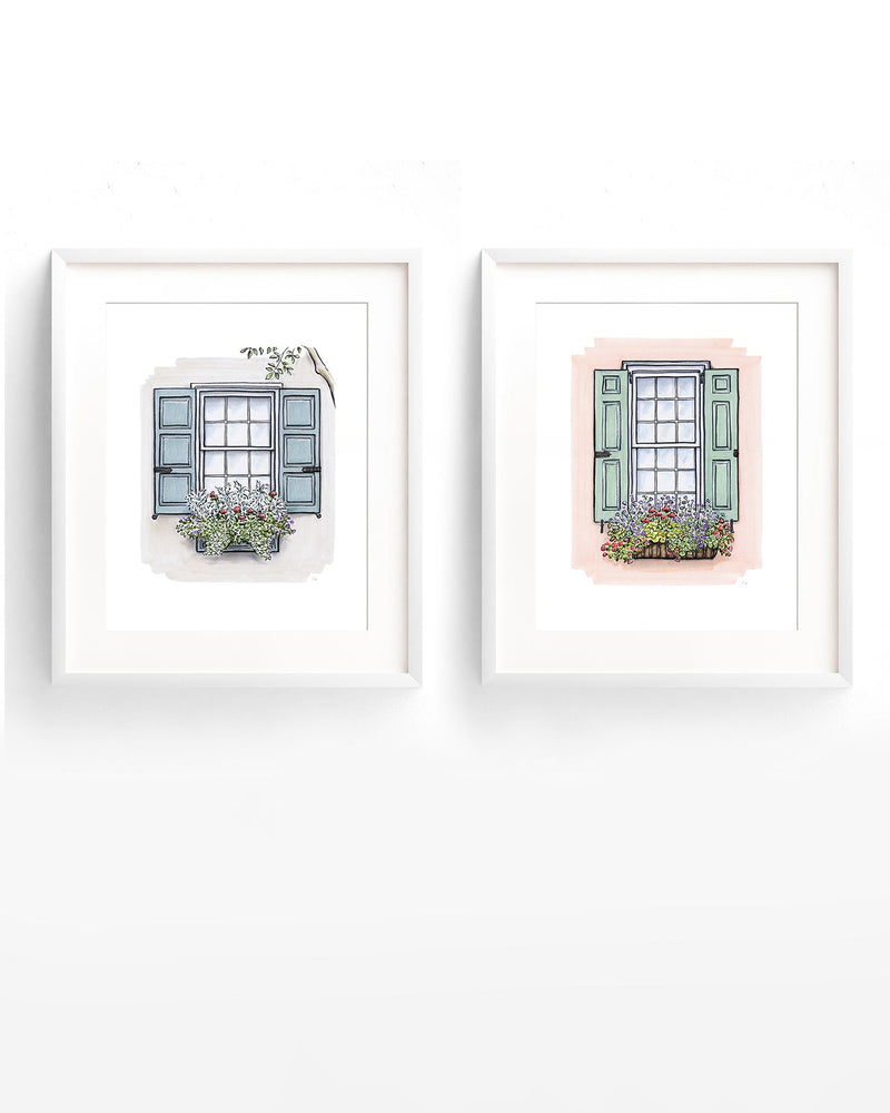 Flower Box Print of Pink House with Mint Shutters