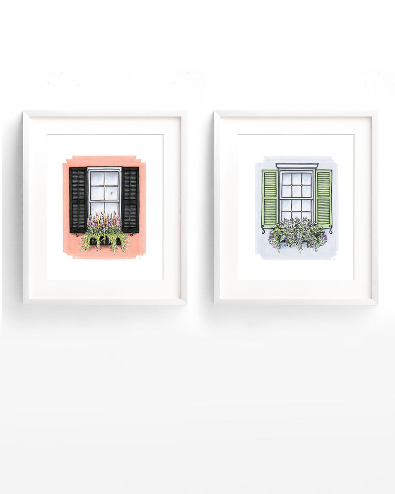 Flower Box Print of Grey House with Green Shutters