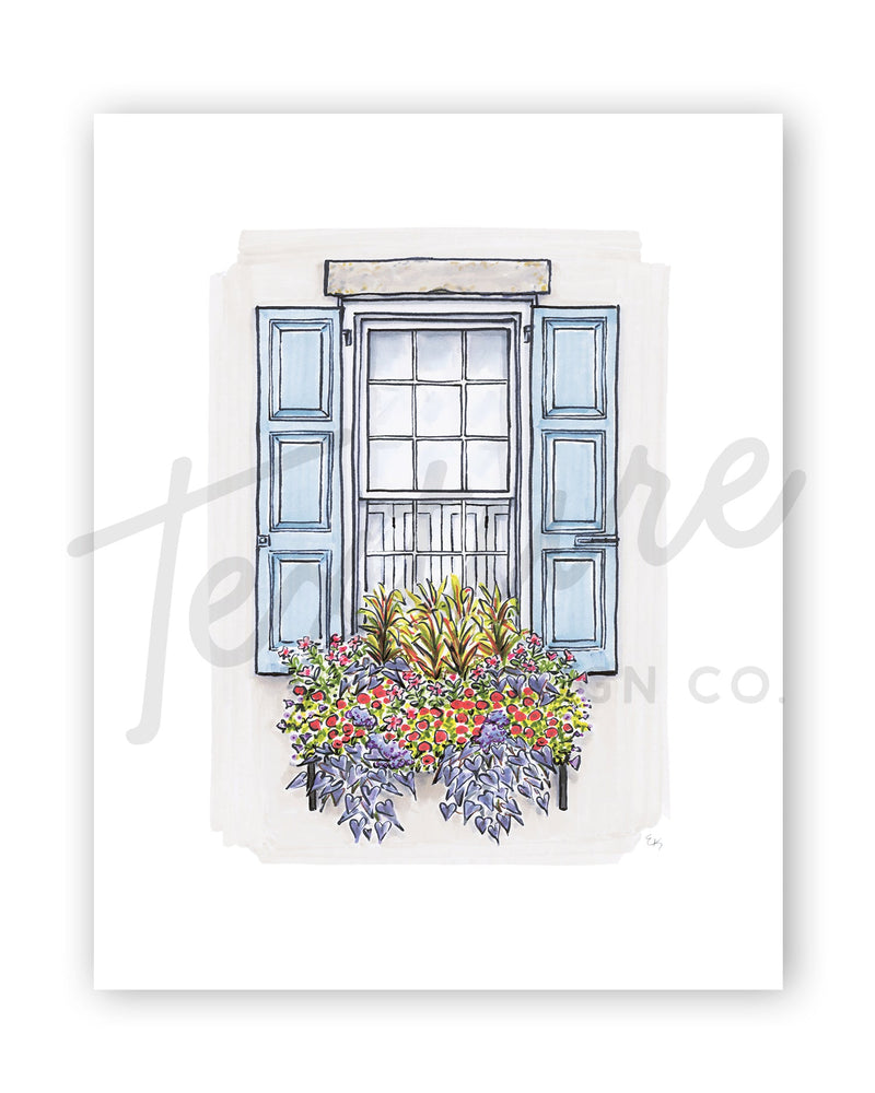 Flower Box Print of Sky Blue Shutters and Stone House