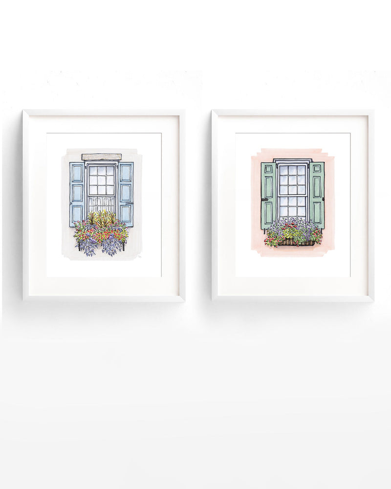 Flower Box Print of Sky Blue Shutters and Stone House