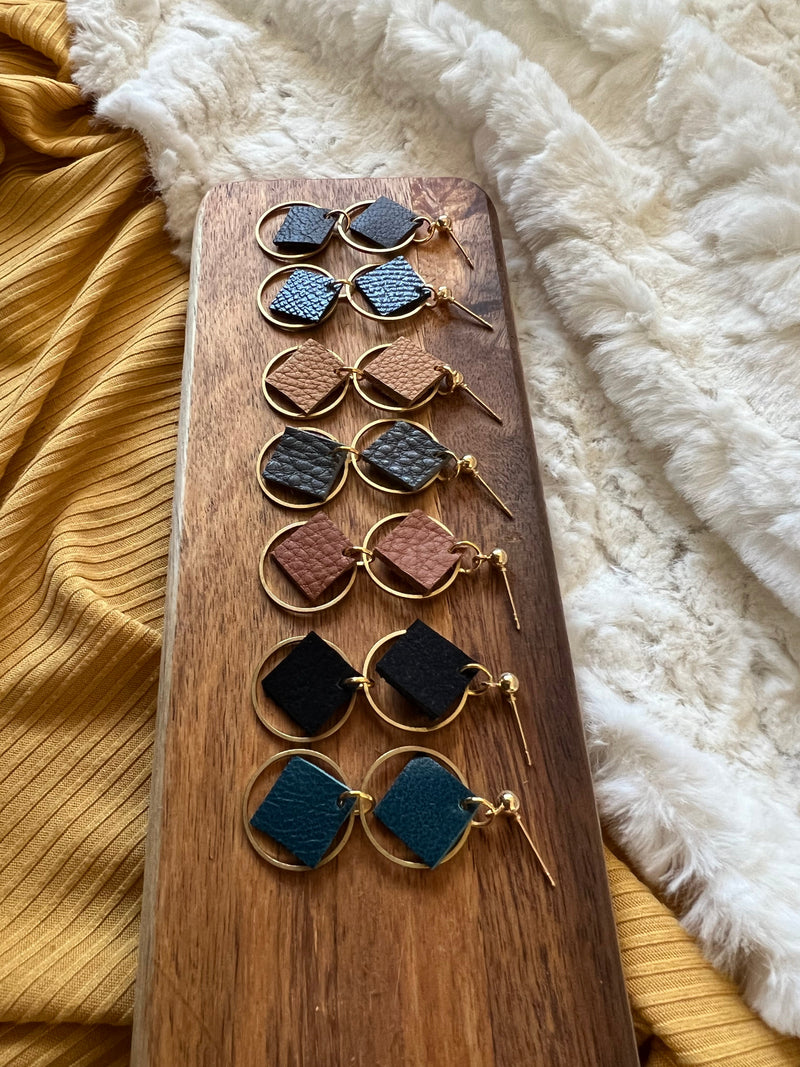 Double Four Square Leather Earrings