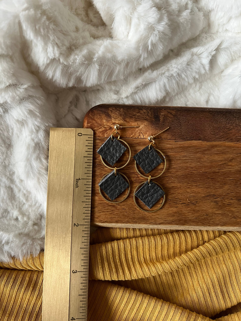 Double Four Square Leather Earrings