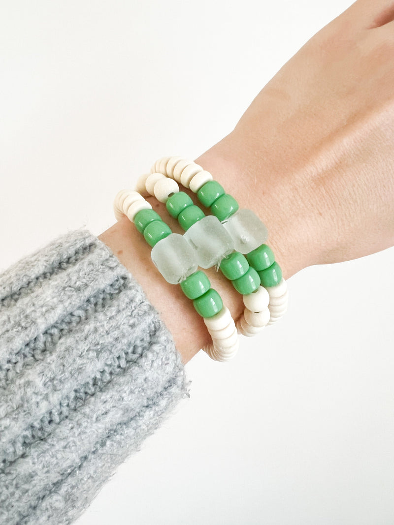 Mix of Greens Recycled Glass and White Wood Bracelet