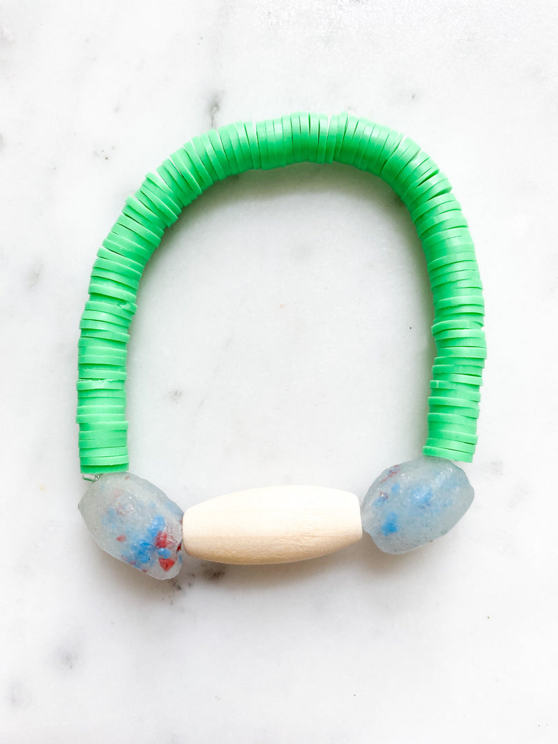 Blue Confetti Sea Glass and Lime Bracelet