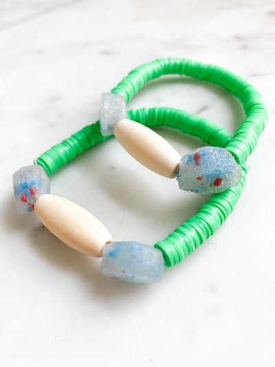Blue Confetti Sea Glass and Lime Bracelet