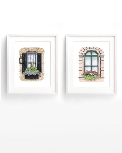 Flower Box Print of Stone Building with Green Trim
